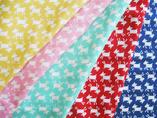 COSMO COTTON DOUBLE GAUZE: LITTLE DEER OR CHIHUAHUAS WEARING COLLARS ON SOLID COLOR: YELLOW, PINK, GREEN/TEAL, RED, AND BLUE.