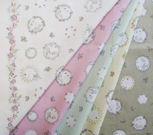 MIKIONO FABRIC FROM JAPAN. WE-3004; WREATHES OF BUNNIES, BOWS, SQUIRRELS, AND LADYBUGS.