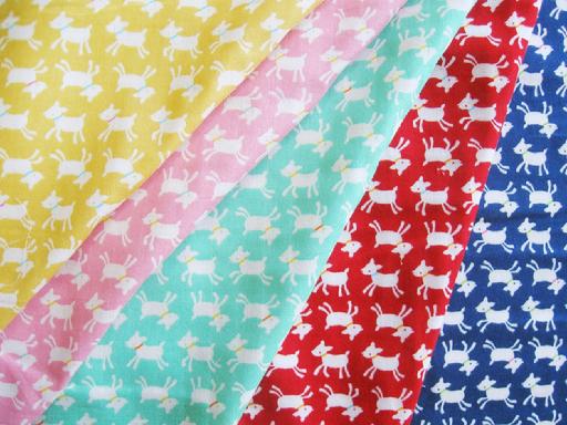 COSMO COTTON DOUBLE GAUZE: LITTLE DEER OR CHIHUAHUAS WEARING COLLARS ON SOLID COLOR: YELLOW, PINK, GREEN/TEAL, RED, AND BLUE.